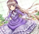  1girl absurdres bangs blonde_hair blunt_bangs dress dutch_angle frills gosick green_eyes greenhouse hairband highres hisaori_riko lolita_fashion long_hair long_sleeves looking_at_viewer outstretched_arms ribbon solo standing tsurime very_long_hair victorica_de_blois 