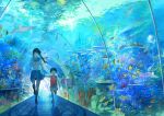  1bgirl 1girl biiji braid caustic_lighting child coral eating fish glass hand_holding holding_hands open_mouth original popsicle scenery school_uniform smile tunnel twin_braids underwater walking 