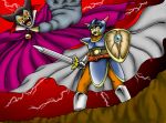  armor black_eyes black_hair boots cape dragon_lord dragon_quest dragon_quest_i glowing_eyes helmet hero_(dq1) horns lightning professormegaman shield sword 