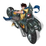  1boy akira armor biohazard_symbol boots cable cyberpunk cyborg daniel_oduber energy_gun hoodie_vest kaneda_shoutarou looking_over_shoulder motor_vehicle motorcycle realistic redesign scarf science_fiction signature spiky_hair toned vehicle weapon 