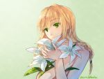  blonde_hair braid colored_eyelashes fancybetty flower green_eyes highres holding holding_flower lily_(flower) majo_no_ie simple_background solo twin_braids viola_(majo_no_ie) 