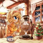  1girl alice_margatroid alternate_costume blonde_hair blue_eyes blush breasts christmas_tree cup curtains eating fifiruu frying_pan hairband leaf long_sleeves saucer short_hair sitting snowing solo spoon star sweater table teacup touhou window 