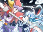  1girl aoki_reika battle blonde_hair blue_eyes blue_hair cage choker clenched_teeth cure_beauty hair_tubes ice ice_sword jappo joker_(smile_precure!) long_hair mask multicolored_hair pants payot pointy_ears precure purple_hair red_hair redhead serious smile_precure! sword weapon 