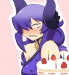  bare_shoulders birthday_cake black_eyes breasts cake candle candles constricted_pupils demon_girl food frown fruit hair_over_one_eye horns jewelry long_hair necklace nise_maou_kanizeru original payot purple_hair sharp_teeth simple_background solo strawberry sweatdrop tsukudani_(coke-buta) wavy_hair yuusha_to_maou 