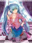  blue_hair checkered checkered_floor collarbone hatsune_miku hongmao pants solo sparkle sunlight twintails vocaloid window 