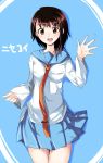  blush brown_eyes brown_hair echizen long_sleeves looking_at_viewer miniskirt necktie nisekoi onodera_kosaki open_mouth pleated_skirt school_uniform serafuku short_hair simple_background sketch skirt smile solo title_drop waving 