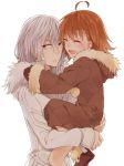  1girl :d ^_^ accelerator ahoge blush brown_hair carrying closed_eyes coat eyes_closed last_order nose open_mouth red_eyes short_hair silver_hair simple_background smile to_aru_majutsu_no_index white_background zarutsu 