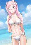  arm_behind_back beach bikini black_eyes breasts cleavage fire_emblem fire_emblem:_kakusei front-tie_top frown lilianess long_hair looking_at_viewer my_unit navel pink_hair shiny shiny_skin side-tie_bikini solo swimsuit twintails 