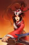  akali alternate_costume black_eyes black_hair highres horns kama_(weapon) league_of_legends lips long_hair looking_at_viewer mask na_young_lee ponytail solo 