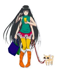  bag black_hair boots brown_eyes cellphone dog drawfag extra_arms hair_flip knee_boots leash long_hair miniskirt original phone pigeon-toed puppy shopping_bag skirt sleeveless sleeveless_turtleneck thigh-highs thighhighs turtleneck very_long_hair yellow_legwear zettai_ryouiki 