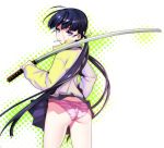  ahoge ass black_hair blue_eyes copyright_request jacket kaida_bola katana long_hair looking_at_viewer looking_back mouth_hold panties purple_eyes scar skirt solo striped striped_panties sword twintails underwear very_long_hair violet_eyes weapon wind_lift 