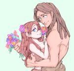  1girl blue_background blue_eyes bouquet brown_hair couple disney flower green_eyes hair_flower hair_ornament height_difference holding jane_porter kanaharu_0401 profile tarzan tarzan_(disney) topless 