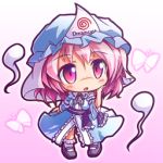  blue_dress butterfly chibi dreamcast dress ghost gradient gradient_background hand_on_own_cheek hat long_sleeves lowres open_mouth pink_eyes pink_hair ryogo saigyouji_yuyuko sash short_hair solo touhou triangular_headpiece veil wide_sleeves 