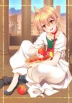  :d ali_baba_saluja apple bag blonde_hair blush collarbone earrings food fruit grocery_bag holding indian_style jewelry looking_at_viewer magi_the_labyrinth_of_magic male nekosugiayana open_mouth shopping_bag short_hair sitting smile solo yellow_eyes 