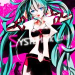  blue_eyes green_hair hands_on_head hatsune_miku long_hair maclo necktie open_mouth skirt solo title_drop twintails very_long_hair vocaloid 