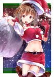  :o belt black_legwear blush brown_eyes brown_hair crop_top gloves hagiwara_yukiho hat hat_removed headwear_removed highres holding idolmaster looking_at_viewer midriff navel sack santa_hat shiny shiny_skin short_hair skirt solo sparkle thigh-highs thighhighs yae_(artist) 