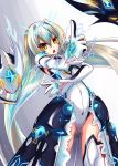  2012 arched_back armor clothed_navel dated electricity elsword eve_(elsword) gloves hair_intakes highres leotard long_hair miyabi_urumi no_nose open_mouth signature solo thigh-highs thighhighs white_hair yellow_eyes 
