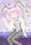  animal_ears black_legwear breasts bunny_ears bunny_girl bunny_tail bunnysuit butterfly closed_eyes couch eyes_closed leotard open_mouth pantyhose pink_hair rabbit_ears ribbon saigyouji_yuyuko short_hair sitting smile solo tail touhou v 