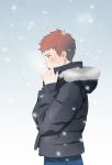  blush brown_eyes brown_hair coat emiya_shirou fate/stay_night fate_(series) red_hair redhead snowing solo tam_(cuq) winter_clothes 