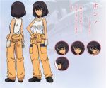  brown_eyes brown_hair character_sheet concept_art expressions girls_und_panzer gloves hand_on_hip hoshino_(girls_und_panzer) jumpsuit official_art overalls shoes short_hair smile solo standing tank_top tied_shirt 