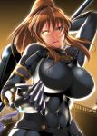  bodysuit bowa breasts brown_eyes brown_hair claws glowing glowing_eye high_ponytail impossible_clothes josephine_march_(ourai_no_n'gah-kthun) large_breasts long_hair ourai_no_n'gah-kthun solo 