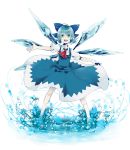  :d ahoge ascot barefoot bati15 blue_eyes blue_hair bow cirno dress hair_bow ice ice_wings open_mouth outstretched_arm short_hair smile solo touhou white_legwear wings 