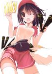  ;d bag black_hair blush fanny_pack heart heart-shaped_pupils holding ikusan looking_at_viewer open_mouth original polo_shirt red_eyes short_hair shorts simple_background smile solo symbol-shaped_pupils thigh-highs thighhighs visor_cap white_background white_legwear wink 