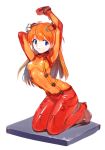  arms_up blue_eyes evangelion:_2.0_you_can_(not)_advance hair_ornament kneeling kuzuvine neon_genesis_evangelion orange_hair plugsuit rebuild_of_evangelion shikinami_asuka_langley smile soryu_asuka_langley souryuu_asuka_langley stretch test_plugsuit 