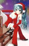  aqi aqua_eyes aqua_hair chin_rest christmas hat hatsune_miku long_hair sack santa_hat sitting sleigh smile snow solo twintails vocaloid 