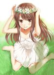  armpits arms_up barefoot blush brown_eyes brown_hair collarbone dress flower grass head_wreath heirou long_hair looking_at_viewer on_ground original sitting smile solo sundress wariza wreath 