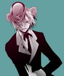  animal_ears badge blood blue_background fingernails formal grin hair_over_one_eye hat heart_no_kuni_no_alice hirota_yoda long_sleeves looking_at_viewer male monochrome mouse_ears necktie pierce_villiers short_hair simple_background smile solo suit 