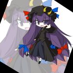  :o alternate_costume balladia black_dress blouse bow buttons chibi crescent dress eyelashes hair_bow hair_ribbon hat hat_bow highres long_hair long_sleeves looking_at_viewer low-tied_long_hair no_nose open_mouth outstretched_arm patchouli_knowledge purple_eyes purple_hair ribbon shoes short_hair simple_background solo square standing_on_one_leg touhou tress_ribbon very_long_hair vest violet_eyes white_background wide_sleeves zoom_layer 