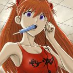  ceiling earphones mouth_hold neon_genesis_evangelion no_bra orange_hair popsicle purple_eyes segayuusuke solo soryu_asuka_langley souryuu_asuka_langley tank_top 