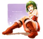  ;o bare_shoulders bell blush boots bow breasts brown_eyes christmas cleavage detached_sleeves embarrassed green_hair hairband highres idolmaster kousaku looking_at_viewer merry_christmas open_mouth otonashi_kotori santa_costume short_hair sitting skirt skirt_tug solo tears wince wink 