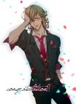  alternate_costume barnaby_brooks_jr blonde_hair blue_eyes confetti engrish glasses hand_on_own_face highres mamita ranguage solo tiger_&amp;_bunny wink 