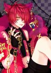  1boy animal_ears badge black_nails boris_airay cat_ears catboy chain chains collar feather_boa gloves hair_over_one_eye heart_no_kuni_no_alice jewelry piercing pink_hair short_hair tail tattoo yellow_eyes 