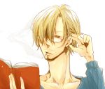  bad_anatomy bespectacled blonde_hair book cigarette glasses hair_over_one_eye long_neck male one_piece reading sanji smoking solo white_background 