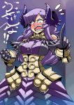  armor armored_dress bare_shoulders black_eyes blush bracer breasts clenched_hand constricted_pupils corset demon_girl elbow_gloves faulds full-face_blush gloves hair_over_one_eye highres horns jewelry large_breasts long_hair necklace nise_maou_kanizeru open_mouth original payot pointing pointing_up purple_hair sharp_teeth simple_background solo translated translation_request tsuki_wani wavy_hair yuusha_to_maou 