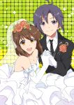  :d black_hair brown_hair dress elbow_gloves flower gloves hagiwara_yukiho hair_flower hair_ornament idolmaster kikuchi_makoto looking_at_viewer multiple_girls necktie open_mouth orange_eyes purple_eyes short_hair smile sooya sparkle veil violet_eyes wedding_dress white_gloves yuri 