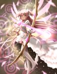  aiming ankle_wings arrow bow bow_(weapon) dress feathers gloves glowing glowing_weapon glowing_wings goddess_madoka hair_bow highres kaname_madoka long_hair looking_at_viewer magical_girl mahou_shoujo_madoka_magica pink_hair short_sleeves siraha smile solo spoilers thigh-highs thighhighs twintails two_side_up ultimate_madoka very_long_hair weapon white_dress white_gloves white_legwear wings yellow_eyes zettai_ryouiki 
