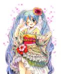  blue_hair colored_pencil_(medium) hatsune_miku japanese_clothes kimono long_hair mojacookie open_mouth solo traditional_media twintails v very_long_hair vocaloid wink 