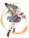  adapted_costume alternate_costume blue_hair boots bow brown_eyes dress food fruit geppewi hat hinanawi_tenshi holding long_hair peach rough smile solo sword sword_of_hisou touhou weapon white_background 