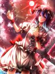 blue_hair cross fuuna_(conclusion) gradient_hair hat highres moon multicolored_hair petals red_eyes red_moon remilia_scarlet short_hair skirt skirt_set smile solo touhou wrist_cuffs 