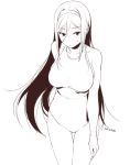  breasts dated hair_between_eyes hairband hand_on_thigh hyouka irisu_fuyumi large_breasts lineart long_hair monochrome one-piece_swimsuit sasamori_tomoe solo sweat swimsuit very_long_hair 