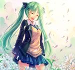  :d ^_^ closed_eyes eyes_closed floor green_hair hatsune_miku long_hair maple open_mouth petals skirt smile solo sweater twintails very_long_hair vocaloid 