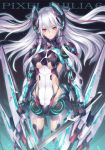  2d armor bare_shoulders bodysuit breasts gloves long_hair mecha_musume neon_trim original red_eyes robot_joints solo thigh-highs thighhighs weapon white_hair 