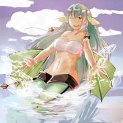  ;d bare_shoulders bikini_top blue_hair blush bow braid breasts cloud clouds drawfag fins fish_tail gawainbro green_hair hair_bow hair_ribbon head_fins large_breasts lens_flare long_hair mermaid monster_girl monster_girl_encyclopedia navel ocean open_hands open_mouth polearm red_eyes ribbon sea_bishop sky smile solo splashing trident tubetop twin_braids very_long_hair water weapon wink 