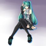  aerlai akg cable detached_sleeves green_eyes green_hair hatsune_miku headphones highres knees_together_feet_apart long_hair necktie nike shoes sitting skirt smile sneakers solo thigh-highs thighhighs twintails very_long_hair vocaloid 