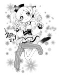  blush breasts cat_ears claws drill_hair eromame flower hat jumping large_breasts mahou_shoujo_madoka_magica monochrome tail thigh-highs thighhighs tomoe_mami 