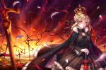  black_dress blonde_hair braid breasts cleavage corset crown dark_excalibur dress fate/stay_night fate_(series) field_of_blades frills fur_cape hair_ribbon hand_on_hilt planted_sword planted_weapon ribbon ribbons saber saber_alter short_hair solo sunset sword tidsean weapon yellow_eyes 